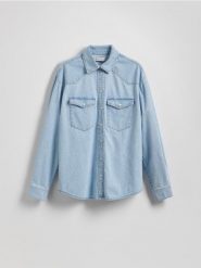 Jeansowa koszula oversize - niebieski. Niebieskie koszule damskie Reserved, l, bez wzorów, z bawełny, bez kołnierzyka, bez ramiączek. W wyprzedaży za 49.99 zł.