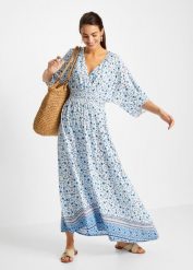Długa sukienka. Niebieskie sukienki damskie bonprix, bez wzorów, eleganckie, bez kołnierzyka, bez ramiączek, maxi. Za 179.99 zł.