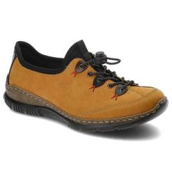 Żółte Półbuty Rieker Wygodne Buty Damskie. Żółte półbuty damskie Rieker, bez wzorów, z materiału, sportowe, bez obcasa, na płaskiej podeszwie. Za 297.99 zł.