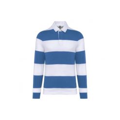 Koszulka polo w paski, długi rękaw Kariban. Niebieskie bluzki damskie KARIBAN, bez wzorów, eleganckie, bez kołnierzyka, bez ramiączek. Za 217.50 zł.