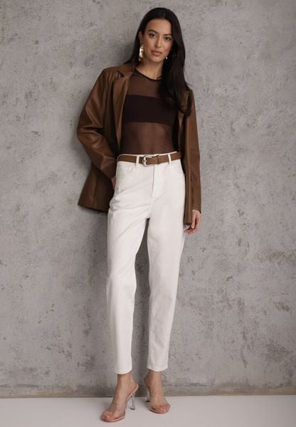 Białe Jeansy Mom Fit z Wiskozą Bawełną i Paskiem z Metaliczną Klamrą Salennith. Białe jeansy damskie Renee, z podwyższonym stanem. Za 109.99 zł.