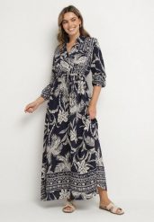 Niebieska Sukienka Koszulowa Ozdobiona Egzotycznym Wzorem z Wiskozy Merasitia. Niebieskie sukienki damskie Born2be, na co dzień, l, z aplikacjami, z jeansu, eleganckie, bez kołnierzyka, bez ramiączek, maxi, koszulowe. W wyprzedaży za 119.99 zł.