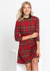Sukienka mini żakardowa w kratę. Czerwone sukienki damskie bonprix, bez wzorów, z żakardem, bez kołnierzyka, bez ramiączek, mini. Za 134.99 zł.