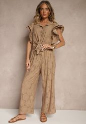 Brązowy Komplet Ażurowy Bluzka o Koszulowym Kroju i Spodnie z Szeroką Nogawką Linaniria. Brązowe spodnie materiałowe damskie Renee, w ażurowe wzory, eleganckie. Za 139.99 zł.