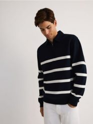 Bluza z kołnierzem - granatowy. Niebieskie bluzy bez kaptura męskie Reserved, l, z bawełny. W wyprzedaży za 89.99 zł.