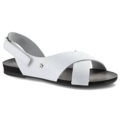 Sandały damskie Lemar, ze skórzanymi krzyżującymi się paskami regulowanym zapięciem na rzep i lekką elastyczną podeszwą, białe, 40141 BF. Białe sandały damskie Lemar, bez wzorów, ze skóry, bez obcasa. Za 179.00 zł.