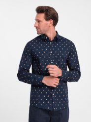 Bawełniana koszula męska we wzory SLIM FIT - atramentowa V3. Niebieskie koszule męskie Ombre Clothing, m, bez wzorów, z bawełny, bez kołnierzyka, bez ramiączek. W wyprzedaży za 79.99 zł.