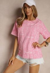 Różowy Bawełniany T-shirt o Kroju Oversize z Ozdobnym Nadrukiem Aveneli. Czerwone t-shirty damskie Renee, m, z aplikacjami, z bawełny, bez kołnierzyka. Za 44.99 zł.