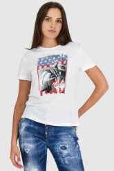 GUESS Biały t-shirt damski z nadrukiem i wiązaniem na plecach. Białe t-shirty damskie Guess, s, z aplikacjami, z bawełny, bez kołnierzyka. W wyprzedaży za 123.99 zł.