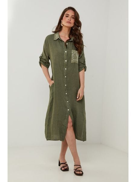 Rodier Lin Lniana sukienka w kolorze khaki rozmiar: S/M. Brązowe sukienki damskie Rodier Lin, m, bez wzorów, ze lnu, bez kołnierzyka, bez ramiączek, midi. Za 183.59 zł.