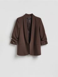 Marynarka z dodatkiem wiskozy - ciemnobrązowy. Brązowe marynarki i żakiety damskie Reserved, l, bez wzorów, z tkaniny. Za 199.99 zł.