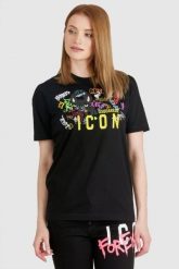 DSQUARED2 Czarny t-shirt damski z graffiti, Rozmiar S. Czarne t-shirty damskie Dsquared2, s, bez wzorów, prążkowane, bez kołnierzyka. W wyprzedaży za 599.99 zł.