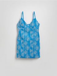 Sukienka mini z haftem - niebieski. Niebieskie sukienki damskie Reserved, l, bez wzorów, z tkaniny, bez kołnierzyka, bez ramiączek, mini, dopasowane. Za 149.99 zł.