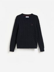 Sweter z haftem - granatowy. Niebieskie swetry męskie Reserved, l, bez wzorów, z bawełny, bez kołnierzyka. Za 149.99 zł.
