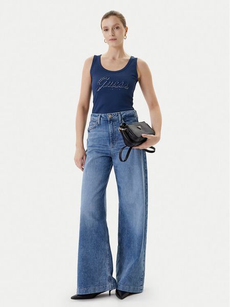 Guess Top W5YP00 KCXJ2 Granatowy Classic Fit. Niebieskie topy sportowe damskie Guess, xxl, z aplikacjami, z syntetyku, bez ramiączek. Za 169.99 zł.
