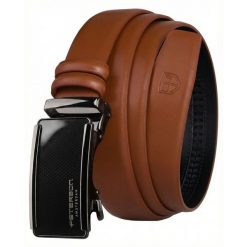 Elegancki, skórzany pasek męski w jasnobrązowym kolorze z automatyczną klamrą Peterson PTN A009-AB TAN. Brązowe paski męskie Peterson, bez wzorów, ze skóry, eleganckie. Za 59.99 zł.