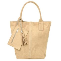 Shopperka skórzana VERA PELLE beżowa T49. Brązowe shopper bag damskie bez wzorów, ze skóry, zamszowe, bez dodatków. Za 208.99 zł.
