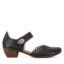 Półbuty Rieker. Czarne półbuty damskie Rieker, bez wzorów, bez obcasa, na obcasie. Za 319.99 zł.