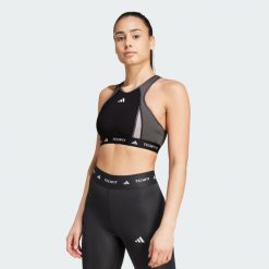 Biustonosz Techfit Medium-Support High-Neck Colorblock. Czarne biustonosze sportowe damskie Adidas, bez wzorów, z materiału. Za 249.00 zł.