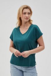 Bawełniny t-shirt z dekoltem w serek zielony. Zielone t-shirty damskie MOODO, l, bez wzorów, z bawełny, bez kołnierzyka. Za 29.99 zł.