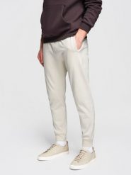 Męskie spodnie dresowe ze ściągaczem przy nogawce BASIC jogger - kremowe V11 - Rozmiar: S. Białe spodnie dresowe męskie Ombre Clothing, z aplikacjami, z bawełny. W wyprzedaży za 118.99 zł.
