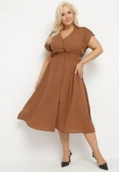 Brązowa Lniana Sukienka o Rozkloszowanym Kroju z Gumką w Talii Ageronna. Brązowe sukienki damskie Born2be, na spotkanie biznesowe, na lato, l, bez wzorów, eleganckie, bez kołnierzyka, bez ramiączek, midi, rozkloszowane. Za 129.99 zł.