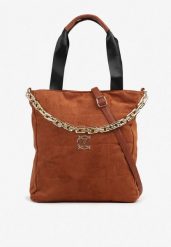 Brązowa Torebka Shopper z Ekozamszu Zdobiona Eleganckim Łańcuszkiem Leathraen. Brązowe shopper bag damskie Renee, z aplikacjami, z jeansu, zdobione, bez dodatków. Za 74.99 zł.