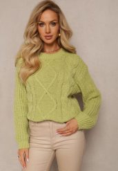 Jasnozielony Klasyczny Sweter z Modnym Splotem Wykończony Ściągaczami Viala. Zielone swetry klasyczne damskie Renee, s, ze splotem, bez kołnierzyka. Za 69.99 zł.