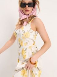 Bawełniana sukienka midi na ramiączkach z marszczeniami - wielobarwny. Sukienki damskie Sinsay, l, bez wzorów, z bawełny, bez kołnierzyka, bez ramiączek, midi. Za 59.99 zł.