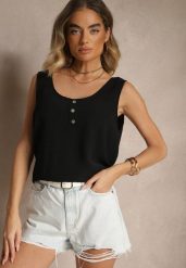 Czarny Top z Bawełną Ozdobiony Guzikami Ulosiella. Czarne topy damskie Renee, l, bez wzorów, z bawełny, bez kołnierzyka. Za 34.99 zł.