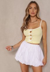 Żółty Top z Prążkowanego Materiału Ozdobiony Kokardami Lenissea. Żółte topy damskie Renee, z aplikacjami, z jeansu, bez kołnierzyka. Za 54.99 zł.