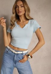 Jasnoniebieski T-shirt z Bawełny z Dekoltem w Serek Ulimisea. Niebieskie t-shirty damskie Renee, l, bez wzorów, z bawełny, bez kołnierzyka. Za 24.99 zł.