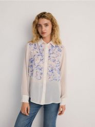 Koszula ze wzorem - biały. Białe koszule damskie Reserved, l, bez wzorów, z tkaniny, bez kołnierzyka, bez ramiączek. W wyprzedaży za 49.99 zł.