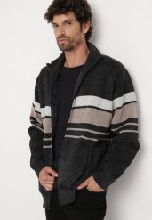 Ciemnoszary Elegancki Kardigan z Wełną o Klasycznym Kroju ze Stójką Zairael. Szare kardigany męskie Born2be, m, bez wzorów, z wełny, eleganckie, bez kołnierzyka. Za 99.99 zł.