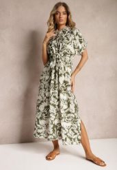 Zielono-Biała Sukienka Taliowana z Gumką w Talii Nasilena. Zielone sukienki damskie Renee, na co dzień, l, bez wzorów, eleganckie, bez kołnierzyka, bez ramiączek, maxi, proste. Za 109.99 zł.