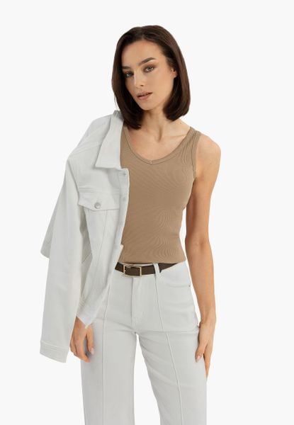 Prążkowany top basic T-IDA. Brązowe topy sportowe damskie Volcano, na zimę, l, bez wzorów, z bawełny, bez ramiączek. Za 49.99 zł.