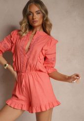 Pomarańczowy Wiskozowy Kombinezon z Lnem w Rustykalnym Stylu z Koronką i Falbanami Linulia. Brązowe kombinezony damskie Renee, na lato, m, z aplikacjami, z koronki, eleganckie, bez kołnierzyka, bez ramiączek. Za 129.99 zł.