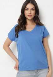 Niebieski Bawełniany T-shirt z Trójkątnym Dekoltem Linarosea. Niebieskie t-shirty damskie Born2be, m, bez wzorów, z bawełny, bez kołnierzyka. Za 39.99 zł.