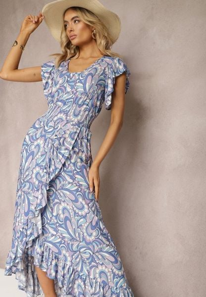 Niebieska Sukienka Boho z Gumką w Pasie i Asymetrycznym Dołem z Wiskozy Anorissa. Niebieskie sukienki damskie Renee, l, bez wzorów, z wiskozy, boho, z asymetrycznym kołnierzem, bez ramiączek, maxi, asymetryczne. Za 79.99 zł.