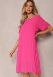 Fuksjowa Plisowana Sukienka o Rozkloszowanym Kroju Orxiala. Czerwone sukienki damskie Renee, s, bez wzorów, eleganckie, bez kołnierzyka, bez ramiączek, mini, rozkloszowane. W wyprzedaży za 59.49 zł.