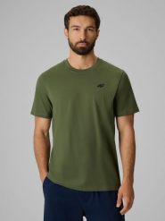 4F T-shirt regular gładki męski - oliwkowy M. Brązowe t-shirty męskie 4f, m, bez wzorów, z bawełny, bez kołnierzyka. Za 49.99 zł.