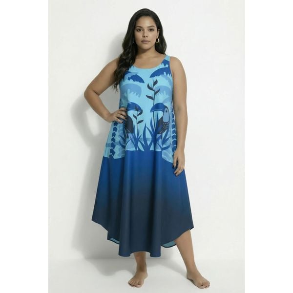 Damskie Sukienka midi tukan krój trapezowy okrągły dekolt bez rękawów. Niebieskie sukienki damskie Ulla Popken, plus size, bez wzorów, z materiału, sportowe, bez kołnierzyka, plus size, bez ramiączek, midi, sportowe. Za 279.99 zł.