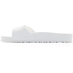 Klapki damskie Birkenstock Eva Madrid. Białe klapki damskie Birkenstock, bez wzorów, z materiału, bez obcasa. W wyprzedaży za 169.00 zł.