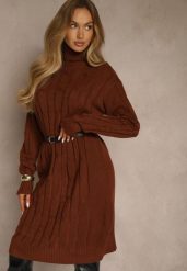 Jasnobrązowa Sukienka Sweterkowa z Golfem Wełną Bawełną i Ozdobnym Splotem Reilenea. Brązowe sukienki damskie Renee, na spotkanie biznesowe, l, bez wzorów, z bawełny, eleganckie, bez kołnierzyka, bez ramiączek, midi. Za 79.99 zł.