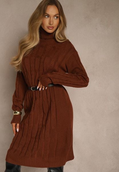 Jasnobrązowa Sukienka Sweterkowa z Golfem Wełną Bawełną i Ozdobnym Splotem Reilenea. Brązowe sukienki damskie Renee, na spotkanie biznesowe, l, bez wzorów, z bawełny, eleganckie, bez kołnierzyka, bez ramiączek, midi. Za 79.99 zł.