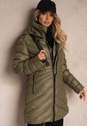 Ciemnozielona Zimowa Kurtka z Ukośnym Pikowaniem i Nieodpinanym Kapturem Siaritha. Zielone kurtki damskie Renee, na zimę, l, bez wzorów, z jeansu. Za 159.99 zł.