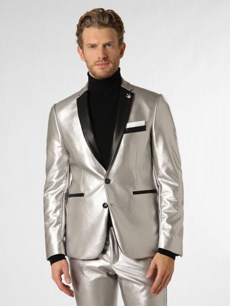 Finshley & Harding London marynarka od garnituru modułowego Mężczyźni Slim Fit srebrny, 46. Szare marynarki męskie Finshley & Harding London, bez wzorów, ze skóry. Za 299.95 zł.