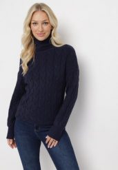 Granatowy Sweter z Golfem w Warkoczowy Splot ze Ściągaczami Maraiwai. Niebieskie golfy damskie Born2be, bez wzorów, ze splotem, bez ramiączek. Za 109.99 zł.