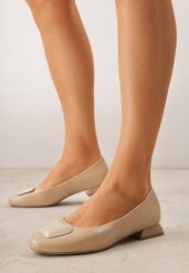 Beżowe Czółenka w Stylu Retro ze Skórzaną Wkładką Faylina. Brązowe czółenka damskie Renee, bez wzorów, z jeansu, bez obcasa, na płaskiej podeszwie. Za 159.99 zł.