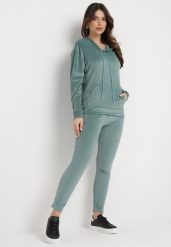 Miętowy Komplet Dresowy z Weluru Bluza z Kapturem i Spodnie z Gumką w Pasie Avinlia. Zielone bluzy z kapturem damskie Born2be, bez wzorów, z dresówki. Za 79.99 zł.